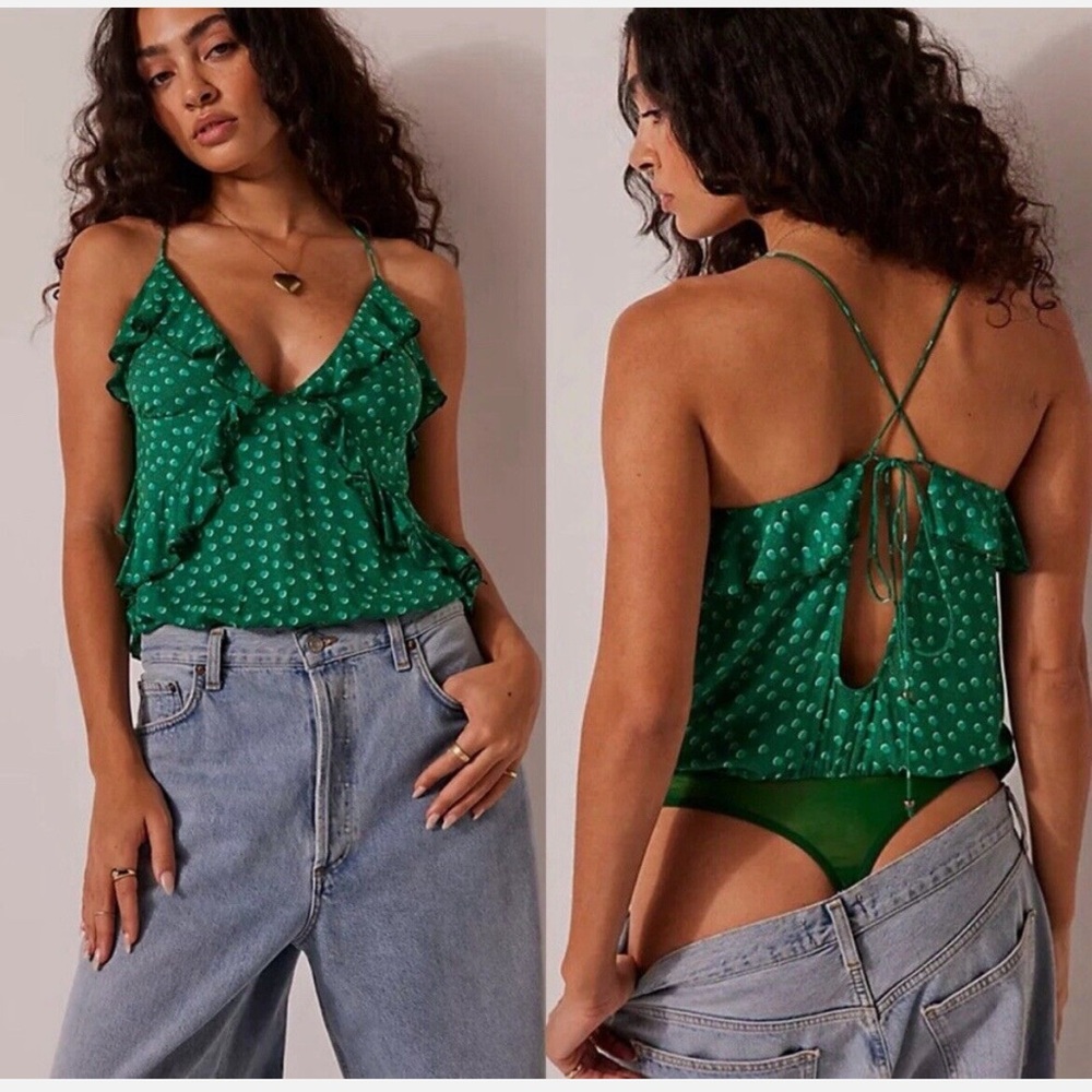 Free People Intimately BELLA BABE Ruffle Polka Dot Bodysuit in Green M